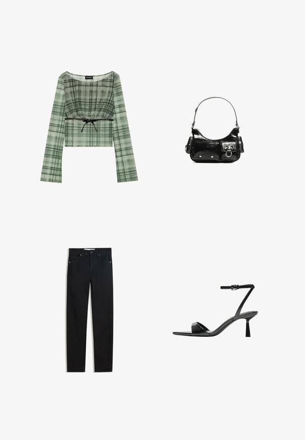Vihreä ruutukuosiset lyhythihaiset crop-topit, joissa on gathered kaula-aukko ja musta nauhakoriste vyötäröllä. Valmistettu kevyestä kankaasta.; Mustat farkut suoralla lahkeella, viisi taskua, metallinapit kiinnityksessä ja hienovaraisia ompeluyksityiskohtia. Sileä pinta.; Bershka Korolliset sandaalit - black; Mustekko mustasta kiiltonahasta valmistettu käsilaukku, jossa on kaareva muoto, yksi olkahihna, etutaskut ja hopeanväriset yksityiskohdat.