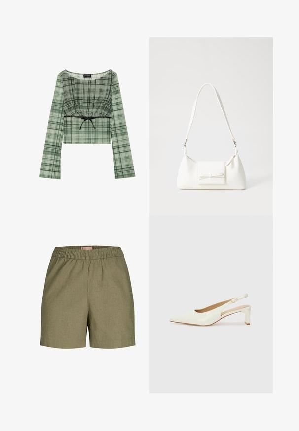 Zelená károvaná krátka blúzka s dlhými rukávmi, so zhrnutým výstrihom a čiernym pásikom na uväzovanie v páse. Vyrobená z ľahkého materiálu.; Khaki šortky s elastickým pásom, hladká textúra, prispôsobený strih a bočné vrecká. Materiál sa zdá byť odolný s jemným melírovaným vzorom.; Biele lakované lodičky na podpätku so špicatou špičkou a nízkym blokovým opätkom. Obsahujú jemný remienok s detailom zlatého tónu.; Biela syntetická kabelka s trojuholníkovým tvarom, plochým predným klapkou a detailom mašle, nastaviteľným popruhom, hladkou textúrou a minimalistickým dizajnom.