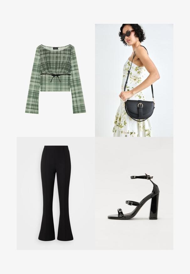 Top scurt verde în carouri, cu mâneci lungi, având un guler adunat și un accent de fundă neagră la talie. Fabricat din material ușor.; Pantaloni negri evazați, realizați dintr-un material elastic, cu o textură netedă, talie înaltă și detalii cu cusături pe partea din față.; Sandale negre din piele lacuită, cu toc înalt, două curele cu catarame, vârf pătrat și toc gros, având o textură netedă și lucioasă.; Geantă din piele neagră, cu o formă curbată, curea detașabilă și accesorii aurii. Geanta are un capac cu un detaliu tip cataramă.