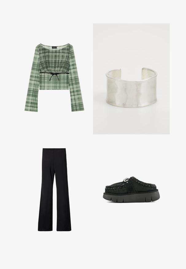 Grön rutigt kortärmad topp med lång ärm, med en draperad halsringning och svart knytband vid midjan. Tillverkad av lättviktig tyg.; Svarta utsvängda byxor med elastisk midja, tillverkade i ett mjukt, stretchigt tyg, med en slät yta och utan synliga mönster eller hårdvara.; Svart mocka slip-on sko med pälsdetalj, flätad sömnad och en kraftig svart sula. Har en märkesrem över ovandelen.; Zign Armband - silver-coloured