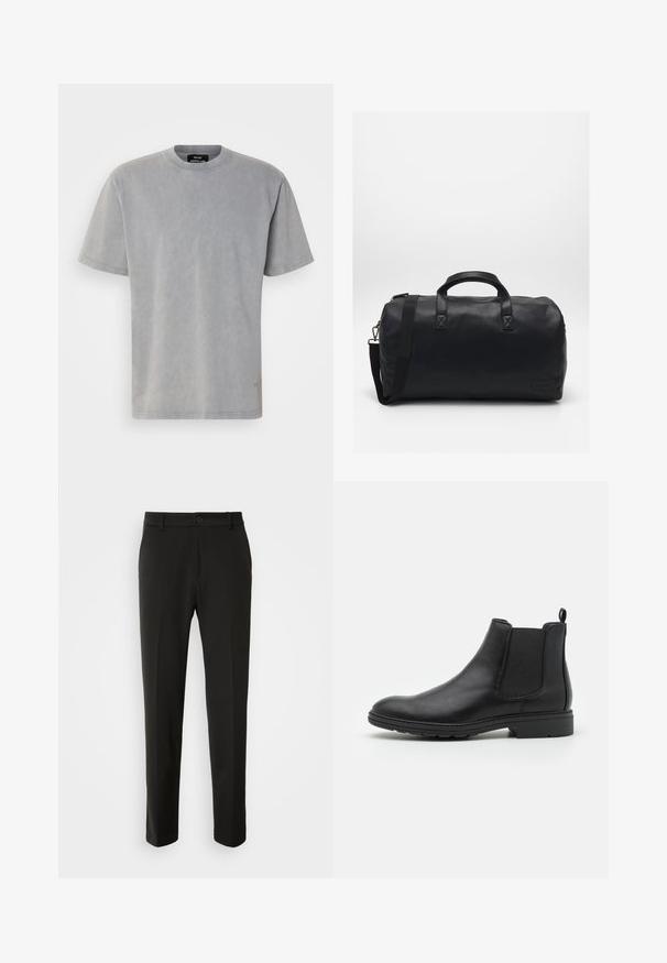 Gray cotton t-shirt with a round neckline and short sleeves. Features a soft, textured finish and a subtle logo on the lower side.; Black trousers made of smooth fabric, featuring straight legs, a button closure, and a classic design suitable for formal or casual wear.; Black leather Chelsea boot with elastic side panels and a pull tab, featuring a rounded toe and textured rubber sole.; Black duffel bag made of textured synthetic material. Features two handles and an adjustable shoulder strap. Simple design with no visible patterns.