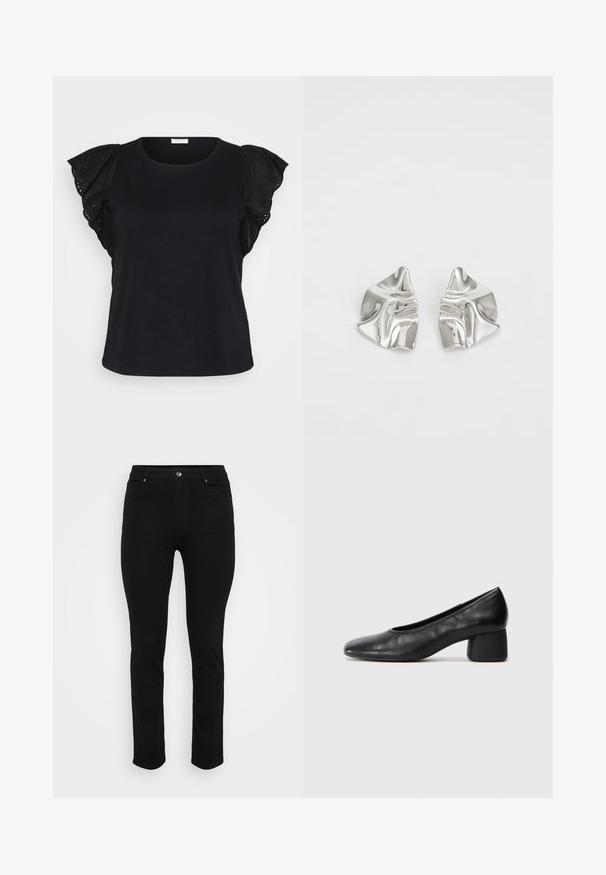 Svart kortermet topp med detaljerte volangerm som har hullbroderi, som gir et stilige og elegant utseende.; Sorte denim jeans med slim fit, fem-lomme design, front knappelukking og lett stretch for komfort. Flat, jevn tekstur med minimal detaljer.; Sorte lærpumps med rund tå og mellomstor blokkhæl. Glatt tekstur med minimalt med detaljer, og har en subtil elastisk åpning.; Sølvmetall øredobber med et bølgete, skulpturelt design, preget av en polert finish og uregelmessige former, som fremhever en moderne estetikk.