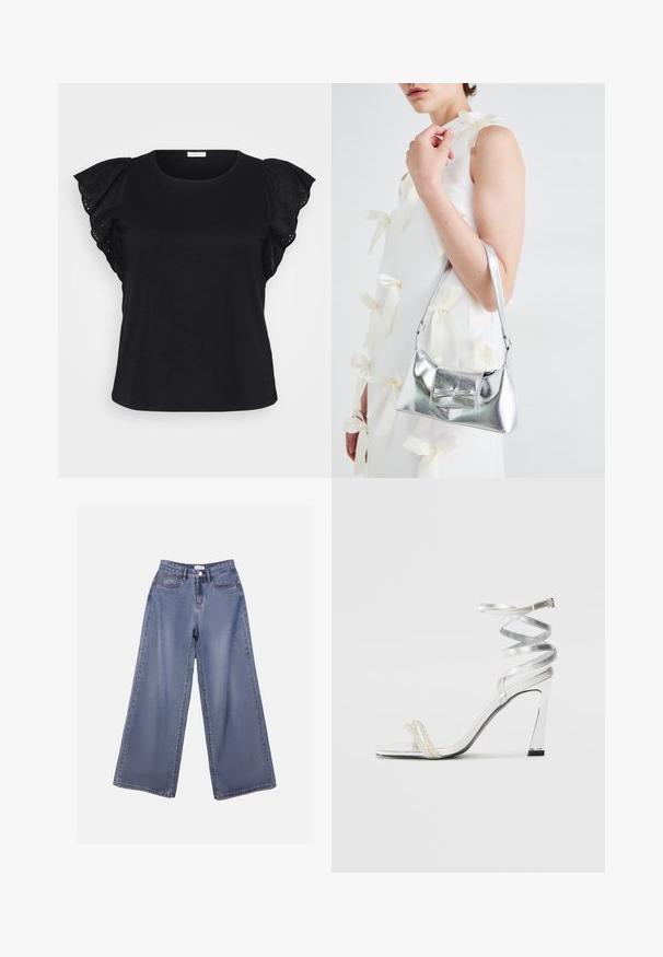 Black short-sleeve top featuring detailed ruffled sleeves with eyelet embroidery, offering a stylish and elegant look.; Wide-leg denim jeans in a light blue wash, featuring a high waist, front pockets, and a button closure with belt loops.; Silver high-heeled sandal with a shiny strap design, featuring a pearl-like accent and a spiraled ankle strap for secure fit.; Silver metallic handbag with a structured shape, featuring a top handle and bow detail on the front. Smooth texture, reflective finish.