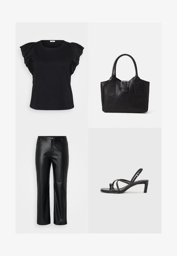 Schwarzes Kurzarmoberteil mit detaillierten Rüschensäumen und gestickten Augen, das einen stilvollen und eleganten Look bietet.; Schwarze Imitat-Lederhosen mit geradem Schnitt, ausgestattet mit Gürtelschlaufen, Fronttaschen und einem Reißverschluss mit Knopfverschluss. Glatte Textur.; Schwarze Sandale mit Riemchen, quadratischer Zehenform und niedrigem Blockabsatz. Verfügt über mehrere dünne Riemen und einen verstellbaren Knöchelriemen. Hergestellt aus glattem Leder.; Schwarze Leder-Tote mit glatter Textur, strukturiertem Design, zwei Griffen und einem auffälligen silbernen Schnallen-Detail auf der Vorderseite.