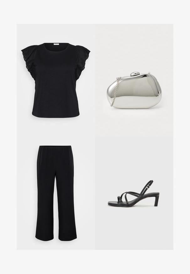 Must mustriga lühikeste varrukatega topp, millel on detailsed volangvariid ja silmade tikand, pakkudes stiilset ja elegantselt välimust.; Mustad laiad püksid siledast kangast, millel on elastne vöökoht. Lihtne disain, ilma mustrite ja nähtava riistvaraeta.; Mustast rihmajalatsid ruudukujulise varba ja madala ploki kontsaga. Omab mitmeid õhukesi rihmasid ja reguleeritavat pahkluu rihma. Valmistatud siledast nahast.; Hõbe metallist kott, millel on ümar ja sile kuju. Varustatud klambriga sulgemisega ja eemaldatava kettpaelaga. Peegeldav pind, ilma mustriteta.