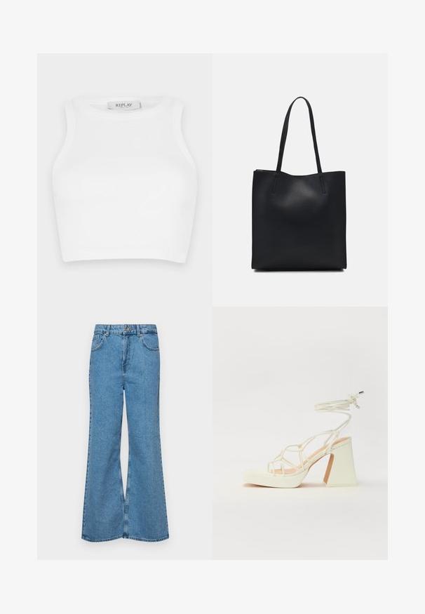 Bílý žebrovaný crop top s kulatým výstřihem a bez rukávů. Na štítku je u výstřihu nápis "REPLAY". Hladká textura po celé ploše.; Světle modré rozšířené džíny z denimu, se zvýšeným pasem, pěti kapsami a jedním knoflíkem na zapínání. Měkký povrch s vybledlým vzhledem.; Bílé sandály na vysokém podpatku s robustním podpatkem, s designem s pásky a zavazováním kolem kotníku. Hladký povrch s platformou vpředu pro zvýšení výšky.; Černá kožená taška přes rameno s hladkým povrchem, obdélníkovým tvarem a dvěma dlouhými uchy. Žádné viditelné kování ani ozdoby.
