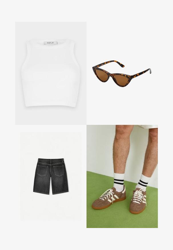 Valkoinen ribbineuleinen crop-top, jossa on pyöreä pääntie ja hihaton muotoilu. Tunnuksessa lukee "REPLAY" kaulan lähellä. Pehmeä rakenne koko pinnan alueella.; Tummanharmaat farkkushortsit suoran leikkauksen kanssa, joissa on kaksi takataskua ja huomaamattomat kontrastiväriset ompeleet. Kangas on sileä.; Ruske nahkate sneakerit valkoisilla korostuksilla ja nauhoilla. Kumi-gumipohja. Yhdistetty valkoisiin sukkiin, joissa on mustia raitoja. Vihreä teksturoitu lattia.; Kattöga solglasögon med en svart och orange sköldpaddsmönstrad båge, bruna linser och slanka, spetsiga spetsar. Har en minimal logotyp på skalmen.; Elleme BOOMERANG WOVEN - Käsilaukku - brown