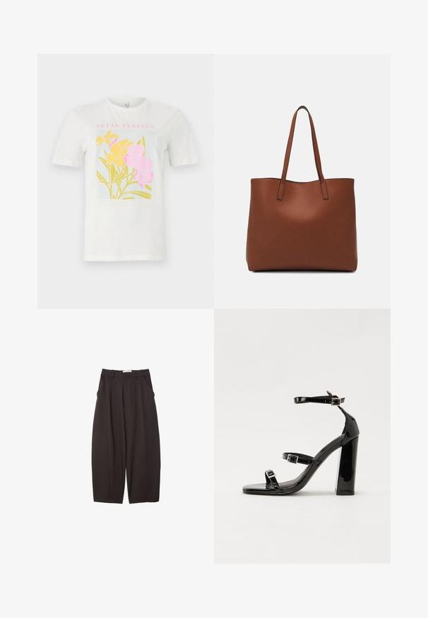 Bijela pamučna majica s šarenim cvjetnim uzorkom u žutim i ružičastim bojama, s natpisom "PETAL PERFECT" u ružičastoj boji na svijetloplavoj pozadini.; Crne široke hlače napravljene od glatke tkanine, s visokim strukom, prednjim nabranjima i bočnim džepovima. Jednostavan dizajn bez ukrasa.; Crne lakirane sandale na visoku petu s dva remena s kopčama, kvadratnim vrhom i masivnom blok petom, s glatkom, sjajnom teksturom.; Smeđa kožna torba preko ramena s glatkom teksturom, otvorenim vrhom i dvjema naramenicama. Ima minimalne šavove i nema vidljivog hardvera.