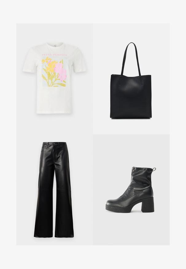 White cotton t-shirt featuring a colorful floral print with yellow and pink flowers, framed text "PETAL PERFECT" in pink, on a light blue background.; Black high-waist wide-leg faux leather pants with front button, zip closure, belt loops, and side pockets on white background.; Black ankle boots made of smooth leather, featuring a side zipper, chunky textured heel, and rounded toe design.; Black leather tote bag with smooth texture, rectangular shape, and two long handles. No visible hardware or embellishments.
