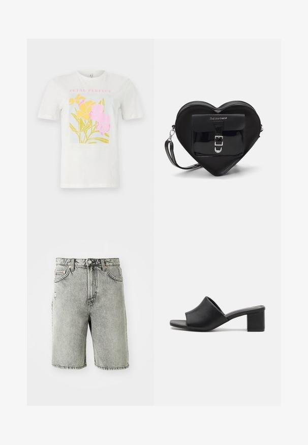 Bijela pamučna majica s šarenim cvjetnim uzorkom u žutim i ružičastim bojama, s natpisom "PETAL PERFECT" u ružičastoj boji na svijetloplavoj pozadini.; Sivi traper šorts s klasičnim dizajnom od pet džepova, izblijedjelim izgledom i šivenim detaljima na rubu i struku.; Crne kožne mule s blok-petom i otvorenim prstima, sa glatkom površinom i blago zakrivljenim gornjim dijelom za udobnost i stil.; Crna torba u obliku srca od patentirane kože s prednjim džepom koji ima zatvaranje na kopču i odvojivi remen. Srebrni detalji.