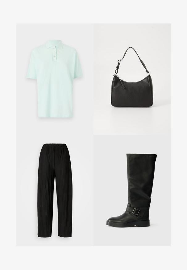 Lys myntgrønn polo skjorte laget av bomull. Har en klassisk krage, korte ermer og en to-knapp placket. Diskret logo detaljer.; Svart, pregede bukser med løs midje som har bred benvidde. Stoffet har vertikale folder og en glatt tekstur.; Sorte knelange støvler laget av glatt lær, med rund tå, tykk såle og en horisontal stropp med rektangulært spenne.; Svart lærveske med en buet form, en enkelt stropp, glidelåslukking og subtil merkevarebygging på forsiden. Glatt tekstur, minimalistisk design.