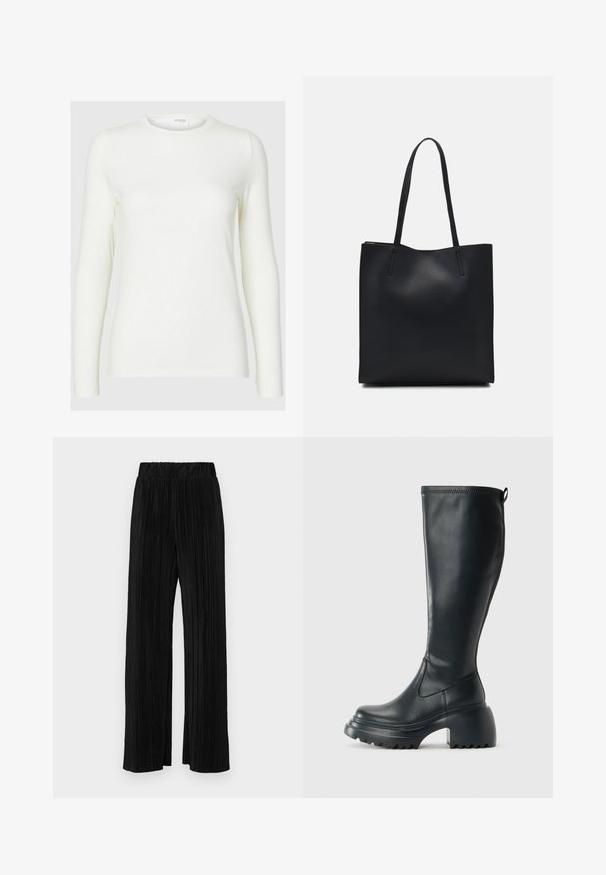 Langärmliges weißes Oberteil aus weichem Stoff mit Rundhalsausschnitt, das eine glatte Textur und eine figurbetonte Silhouette aufweist. Keine sichtbaren Muster oder Akzente.; Schwarze plissierte Hose mit elastischem Bund. Verfügt über weite Hosenbeine und einen glatten, strukturierten Stoff mit vertikalen Streifen.; Hoher schwarzer Lederstiefel mit einer robusten Plateausohle und Blockabsatz, der über eine Zuglasche und ein strukturiertes Profil an der Außensohle verfügt.; Schwarze Laptoptasche aus Leder mit glatter Textur, rechteckiger Form und zwei langen Griffen. Keine sichtbaren Beschläge oder Verzierungen.