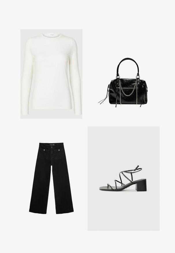 Langærmet hvid top lavet af blødt stof med rund hals, der har en glat tekstur og en tætsiddende silhuet. Ingen synlige mønstre eller accenter.; Sorte vidde jeans med høj talje, der har to forlommer og metalknapdetaljer. Stoffet har en glat tekstur.; Sorte remsandaler med firkantet tå og kraftig hæl, lavet af glat materiale. Har justerbare ankelremme og minimal hardware.; Bershka WITH CHAIN - Håndtasker - black
