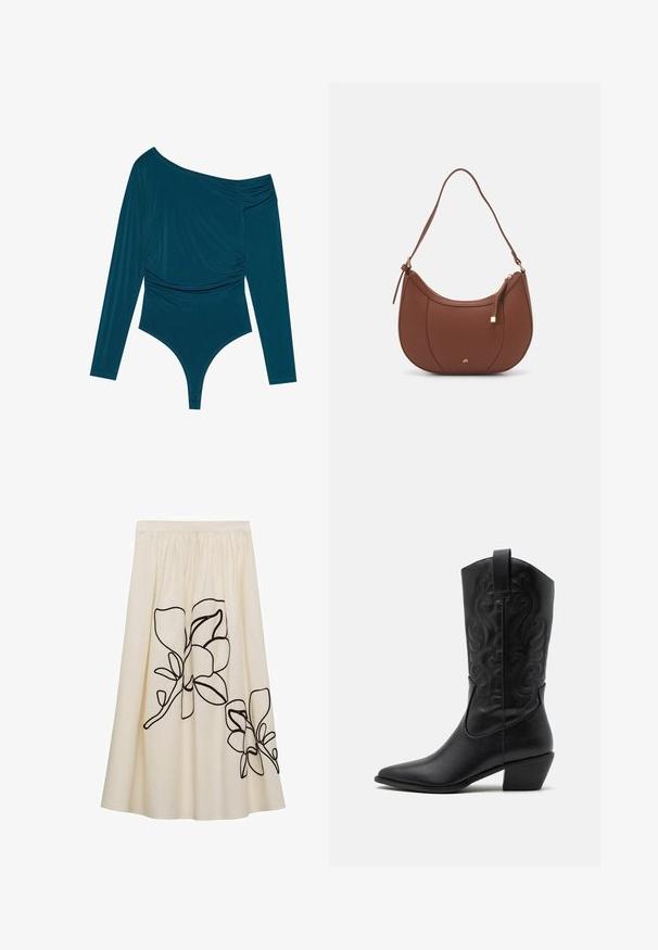 Turkoosi pitkähihaisen yksiosaisen vaatteen, jossa on olkaimeton muotoilu, toisella puolella rypytetty pinta ja sileä viimeistely. Alhaalla on thong-leikkaus.; Kermanvärinen hame, jossa on mustaa kukkakirjontaa, vyötäröllä kokoontuva muotoilu ja virtaava tyyli, valmistettu kevyestä kankaasta.; Musta nahkasaapas cowboy-malli, jossa on terävä kärki, kohokuvioituja pyörteileviä kuvioita ja keskikorkea korko. Varustettu vetoketjulla helppoa pukeutumista varten.; Ruskea keinonahkainen olkalaukku, jossa on kaareva muoto, minimaalinen ompelu ja kultasävyinen varuste. Varustettu ylhäältä avautuvalla vetoketjullisella suljennalla ja säädettävällä hihnalla.