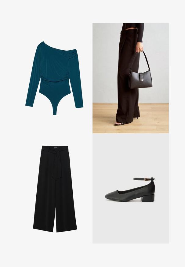 Teal langermet bodysuit med en-skulder-design, rynket tekstur på den ene siden og glatt overflate. Har en tanga-snitt nederst.; Svart vide bukser med teksturert stoff, elastisk midje og avtagbart belte som gir justerbar passform.; Sorte skinnpumper med spiss tå og lav blokkhelt. Har ankelrem med gullfarget spenne. Glatt tekstur.; Svart håndveske med strukturert form, jevn tekstur og metallisk lås. Kombinert med brede svarte bukser og sandaler med åpen tå på tregulv.
