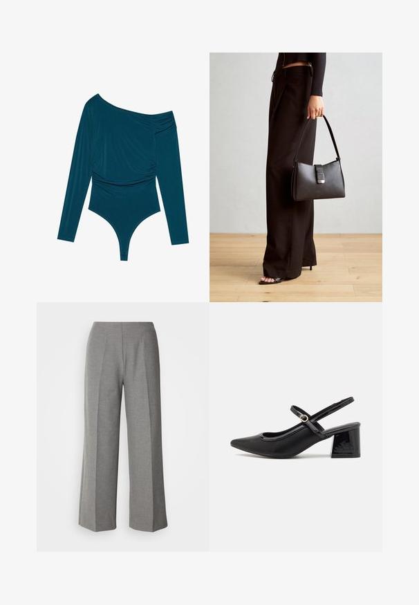 Teal long-sleeve bodysuit with one-shoulder design, gathered texture on one side, and smooth finish. Features a thong cut at the bottom.; Gray tailored wide-leg pants with a smooth texture, featuring a flat front and crisp crease lines on each leg.; Black patent leather slingback heels with a pointed toe, a rounded cutout design, and a block heel. Features a gold-tone buckle accent.; Black handbag with structured shape, smooth texture, and a metallic clasp. Paired with wide black pants and open-toe sandals on wooden floor.