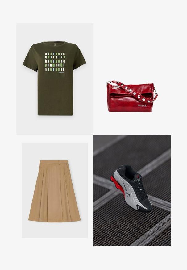 Camiseta verde oliva de algodón, con un patrón de cuadrícula en rectángulos azules, verdes y blancos. Mangas cortas y textura suave.; Falda plisada hasta la rodilla de algodón marrón claro, con una cintura ajustada con pasadores para cinturón y dobladillo recto.; Zapatilla deportiva negra y gris con suela acolchada roja, cordones negros y logo swoosh, apoyada sobre una superficie de rejilla metálica.; Bolso de hombro de piel sintética roja con solapa plegable, detalles de broche plateado en la correa y un logotipo impreso de "Desigual".