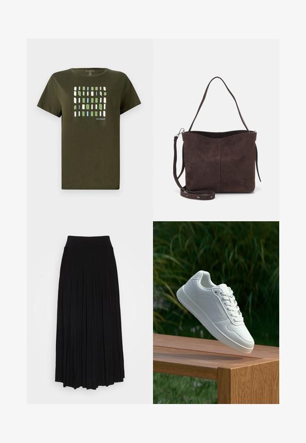 Olive green T-shirt made of cotton, featuring a grid pattern in blue, green, and white rectangles. Short sleeves and soft texture.; Black pleated skirt with a high, stretchy waistband. Made from soft fabric, featuring vertical pleats for a flowing silhouette.; White sneaker with a smooth synthetic upper, perforated toe box, flat laces, and a textured sole, displayed on a wooden surface.; Brown suede tote bag with a soft texture, featuring a single shoulder strap and a subtle curved top opening. No visible hardware details.