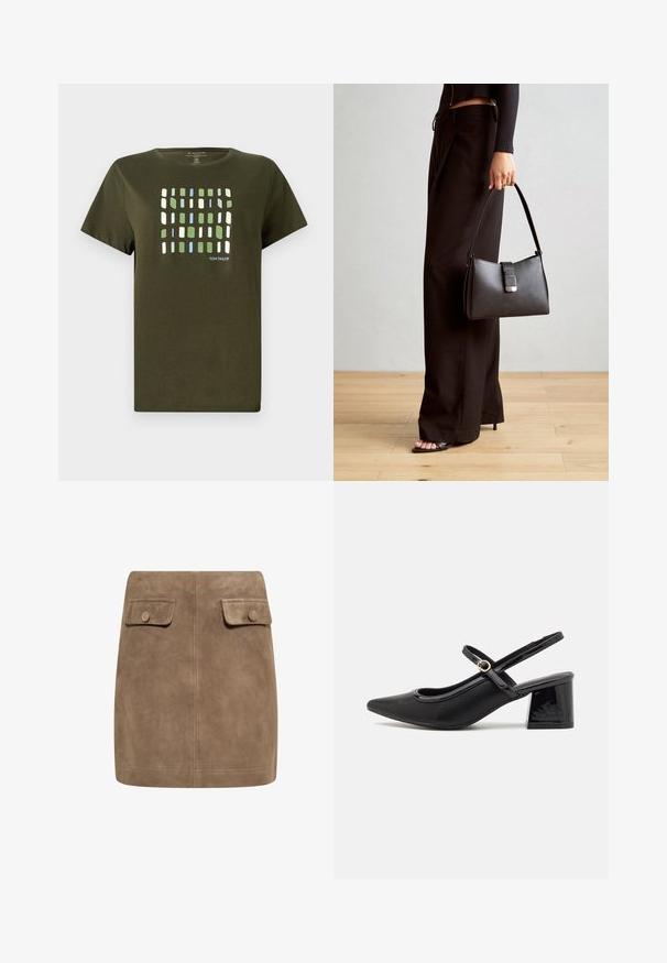 Olivengrøn T-shirt lavet af bomuld, med et rutenetmønster i blå, grønne og hvide rektangler. Korte ærmer og blød tekstur.; Brun ruskind mini nederdel med en glat tekstur, der har to frontlommer med flap og knaplukninger på hver side. Enkel, lige design.; Sorte patentlæder slingback hæle med spids tå, rund udskæring og blokhæl. Har en guldtonet spændeaccents.; Sort håndtaske med struktureret form, glat overflade og metalspænde. Sammen med brede sorte bukser og sandaler med åben tå på trægulv.