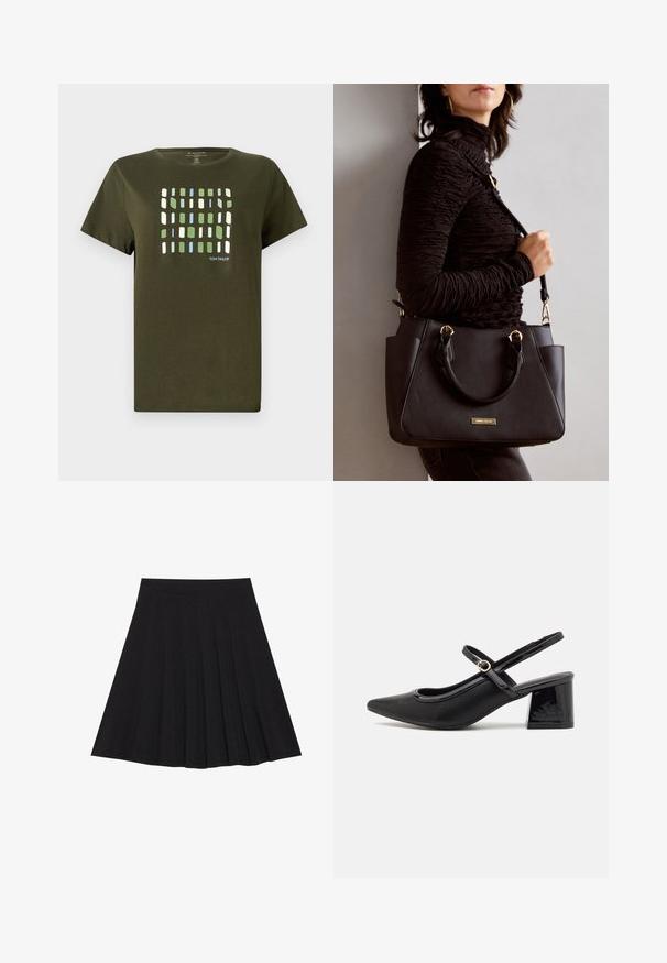 Olive green T-shirt made of cotton, featuring a grid pattern in blue, green, and white rectangles. Short sleeves and soft texture.; Black pleated skirt made of textured fabric with a fitted waistband. Falls to knee length, featuring a smooth, clean silhouette.; Black patent leather slingback heels with a pointed toe, a rounded cutout design, and a block heel. Features a gold-tone buckle accent.; Black handbag with textured surface, dual top handles, and adjustable shoulder strap. Features gold-tone hardware and side pockets.