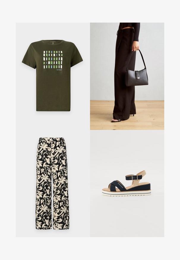 Olivenfarget T-skjorte laget av bomull, med et rutenettmønster i blå, grønne og hvite rektangler. Korte ermer og myk tekstur.; Sorte vide bukser med et cremet blomster mønster. Fremstillet af letvægtsstof, med en glat tekstur og en høj talje.; Mørkeblå sandal med to tekstilstropper, justerbar ankelrem og strukturert beige bakdel. Tykk, hvit såle med bølgete kant. Merket trykt på stroppen.; Svart håndveske med strukturert form, jevn tekstur og metallisk lås. Kombinert med brede svarte bukser og sandaler med åpen tå på tregulv.