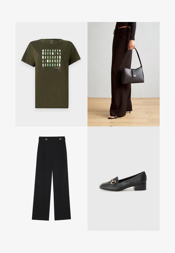 Olīvu zaļš T-krekls, kas izgatavots no kokvilnas, ar zilu, zaļu un baltu taisnstūru režģa rakstu. Īsas piedurknes un maiga tekstūra.; Melnas platās bikses ar augstu jostasvietu, pogu detaļām uz jostas un priekšējām krokām.; Melnas ādas loafers ar plakanu papēdi, kurām priekšā ir dekoratīvs zelta aparatūras elements un gluda tekstūra.; Melnā somiņa ar strukturētu formu, gludu tekstūru un metālu sprādzi. Saskaņota ar platām melnām biksēm un sandālēm ar atvērtu purngalu uz koka grīdas.