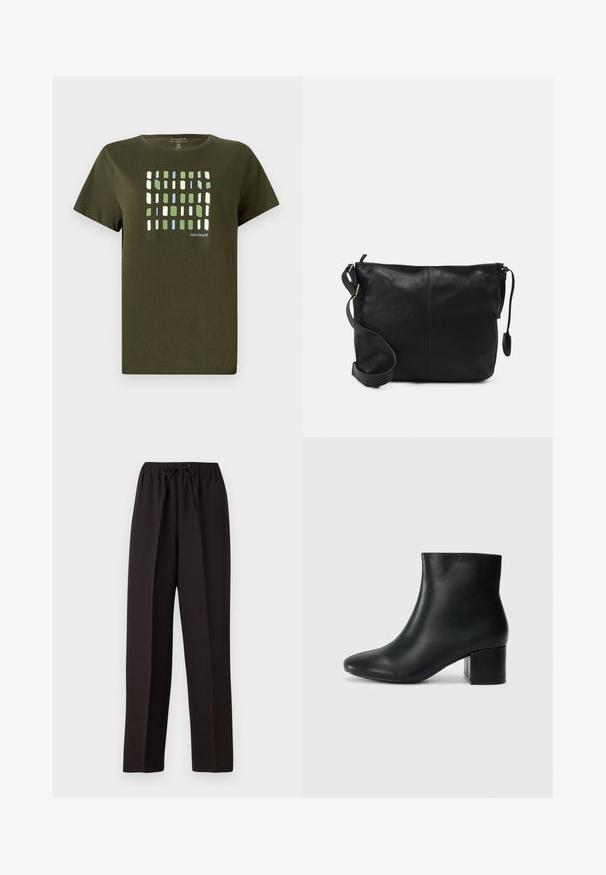 Olivno zelena majica iz bombaža, z vzorcem mreže v modrih, zelenih in belih pravokotnikih. Kratki rokavi in mehak material.; Črne široke hlače z elastičnim pasom in nastavljivim vrvico. Narejene iz gladkega, lahkega materiala brez vidnih vzorcev.; Črne usnjene gležnjarje s koničastim nosom in debelim peto. Gladka tekstura z minimalnimi detajli in eleganten, prilegajoč dizajn.; Črna usnjena torbica čez telo s ravno obliko, z zlatimi kovinskimi dodatki in nastavljivim trakom. Gladka tekstura z minimalnimi šivi.