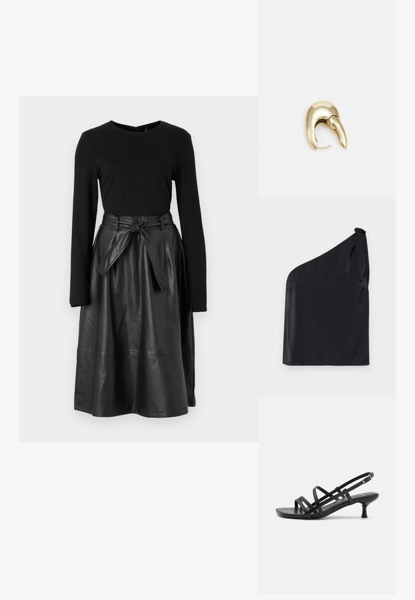 Top negro de un solo hombro hecho de una tela suave, con un detalle de lazo en el hombro y un corte relajado. Diseño minimalista con líneas limpias.; Top negro de manga larga combinado con una falda negra de cuero sintético, con una cintura atada y una textura suave y brillante.; Sandalias de tacón negro con múltiples tiras entrecruzadas. Material suave, puntera afilada y tacón estrecho. Correa de tobillo ajustable con hebilla.; Pendiente de metal en tono dorado con un diseño elegante y curvado. Presenta una forma puntiaguda distintiva, superficie pulida y cierre de bisagra.