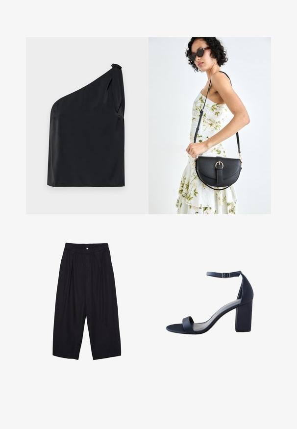 Crni top na jedno rame napravljen od glatkog materijala, s detaljem vezivanja na ramenu i opuštenim krojem. Minimalistički dizajn s čistim linijama.; Crne poliester hlače culotte s elastičnim pojasom, dva prednja nabora i širokim krojem. Nema vidljivih uzoraka ili metalnih detalja.; Modra sandala s visokom petom i glatkom teksturom, širokom trakicom preko prstiju, remenom oko gležnja i blok petom za stabilnost.; Crna kožna torba s lukovitim oblikom, odvojivim remenom i zlatnim detaljima. Torba ima preklop s kopčom.