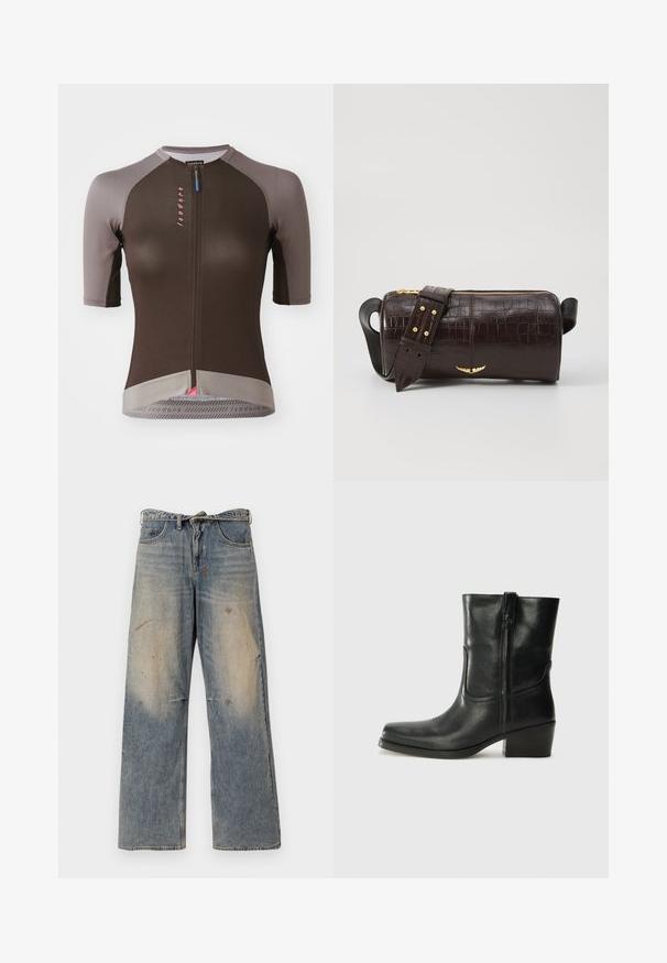 Short-sleeve cycling jersey in brown, with gray accents. Features textured fabric, front zipper, and pink logo detail at the center.; Light blue denim jeans with a loose, straight-leg design. Features whiskering, fading, and distressed details near knees. Classic five-pocket style.; Black leather ankle boot with a rounded toe, block heel, side zipper, and stitching accents on the vamp. Smooth texture, classic design.; Brown crocodile-embossed leather bag with a cylindrical shape, gold-tone hardware, and a detachable strap featuring studs.