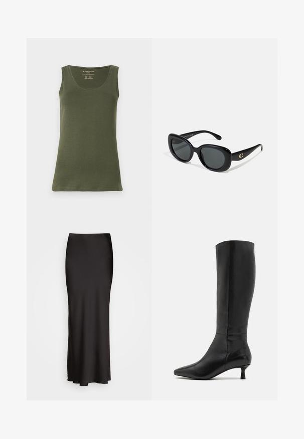 Olive green, sleeveless tank top made of soft cotton jersey. Features a round neckline and a straight hem, with a casual design.; Black, floor-length satin skirt with a smooth texture, fitted waistband, and A-line silhouette, featuring no visible embellishments or patterns.; Zign Boots - black; Black sunglasses with rounded lenses, glossy plastic frame, and a gold logo accent on the temples. Dark lenses offer UV protection.