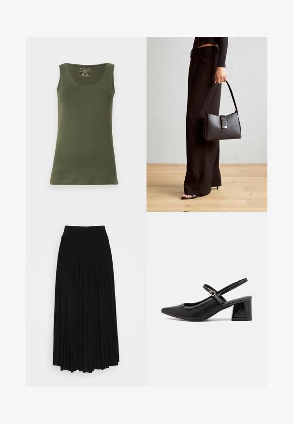 Canottiera senza maniche verde oliva realizzata in morbido jersey di cotone. Presenta un colletto tondo e un orlo dritto, con un design informale.; Gonna nera plissettata con vita alta e elastica. Realizzata in tessuto morbido, presenta plissettature verticali per una silhouette fluida.; Décolleté in vernice nera con cinturino dietro, punta affusolata, design con ritagli arrotondati e tacco a blocco. Presenta un accento di fibbia tono oro.; Borsa nera con forma strutturata, texture liscia e una chiusura metallica. Abbinata a pantaloni neri larghi e sandali open-toe su un pavimento in legno.
