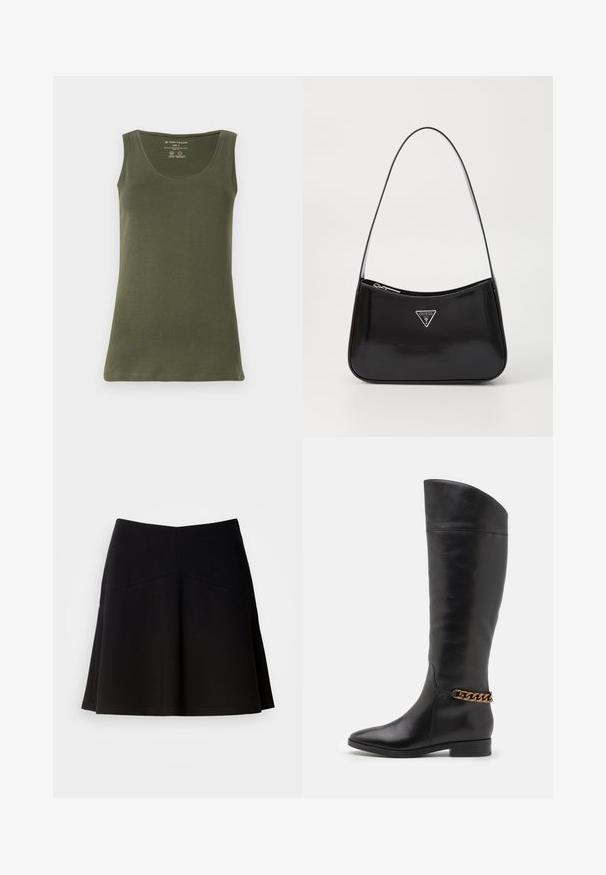 Olivgrünes, ärmelloses Tanktop aus weichem Baumwolljersey. Mit einem runden Halsausschnitt und einem geraden Saum, in einem lässigen Design.; Schwarzer, ausgestellter Rock aus weichem Stoff, mit einem taillierten Bund und Nahtdetails. Glatte Textur mit einem schlichten, klassischen Design.; Hohe schwarze Lederstiefel mit elegantem Design, spitzer Zehe und einem goldenen Kettenakzent am Knöchel. Tiefer Blockabsatz. Glatte Textur.; Schwarze patentierte Leder-Schultertasche mit geschwungener Form, ausgestattet mit einem silbernen Dreieckslogo und einem Reißverschluss. Glatte Textur und schmaler Riemen.