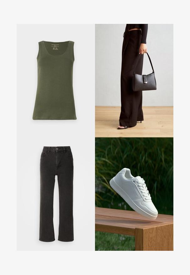 Maslinasto zelena, bez rukava, majica od mekog pamučnog džersija. Ima okrugli izrez i ravni rub, s ležernim dizajnom.; Crne široke traperice, izrađene od denima, s prednjim zatvaranjem na dugme, petljicama za pojas i pet džepova, s malo izblijedjelim dezenom.; Bijela tenisica sa glatkim sintetičkim gornjim dijelom, perforiranim prednjim dijelom, ravnim vezicama i teksturiranom potplatom, prikazana na drvenoj površini.; Crna torba s oblikom koji sadrži strukturu, glađu teksturu i metalnu kopču. Uparena s širokim crnim hlačama i sandalama na otvorenom s drvenog poda.