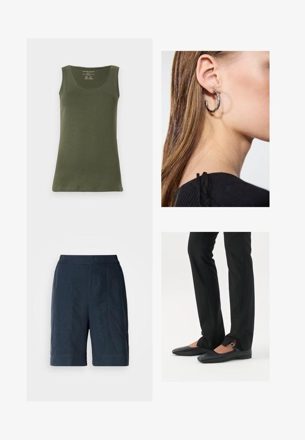 Olivengrønn, ermela t-skjorte laget av myk bomulljersey. Har rund halsutskjæring og rett kant, med et avslappet design.; Mørkeblå shorts laget av lett materiale, med rett snitt, to frontlommer og subtile sømdetaljer.; Svart skinnballett-sko med spiss tå, stropp med sølvspenne, kombinert med svarte skreddersydde bukser med splitt i kanten.; Sølv ringøredob med en polert finish, med små gull detaljer og en rund form, båret på øreflippen.