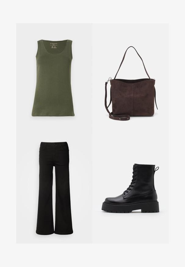 Olijfgroene, mouwloze tanktop gemaakt van zachte katoenjersey. Heeft een ronde halslijn en een rechte zoom, met een casual ontwerp.; Zwarte wijde denim broek met voorzakken, een knoopsluiting en een gladde textuur met een nette afwerking.; Zwarte leren enkelboots met een ronde neus, vetersluiting aan de voorkant en een dikke rubberen zool met een gestructureerd profiel. Trekbandje aan de achterkant.; Bruine suède schoudertas met een zachte textuur, voorzien van een enkele schouderband en een subtiele, gebogen bovenopening. Geen zichtbare hardwaredetails.