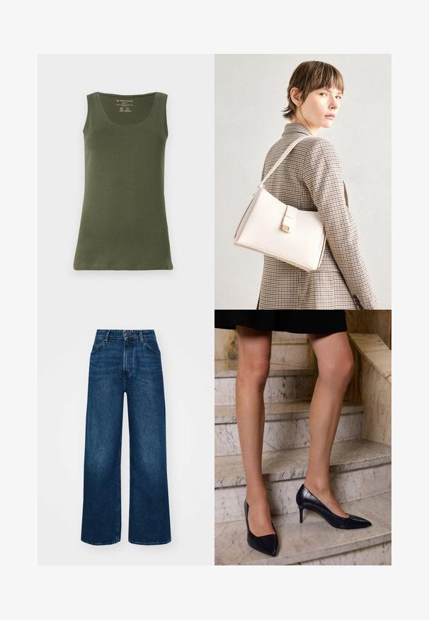 Vihreä oliivinvärinen, hihaton toppi, joka on valmistettu pehmeästä puuvillajerseystä. Siinä on pyöreä kaula-aukko ja suora helma, ja se on suunniteltu rennoksi.; Korkeavyötäröiset, leveälahkeiset farkut tummansinisestä denimistä, jossa on sileä pinta, kontrastivärinen ommel ja viisi taskua. Edessä nappisulku.; Sotilas siniset korkokengät, joissa on terävä kärki, ja jotka on viimeistelty sileällä ja teksturoidulla pinnalla, joka muistuttaa krokotiilinnahkaa.; Valkoinen nahkainen käsilaukku, jossa on jämäkkä muotoilu, magneettinen suljin ja olkahihna, esillä neutraalilla taustalla.