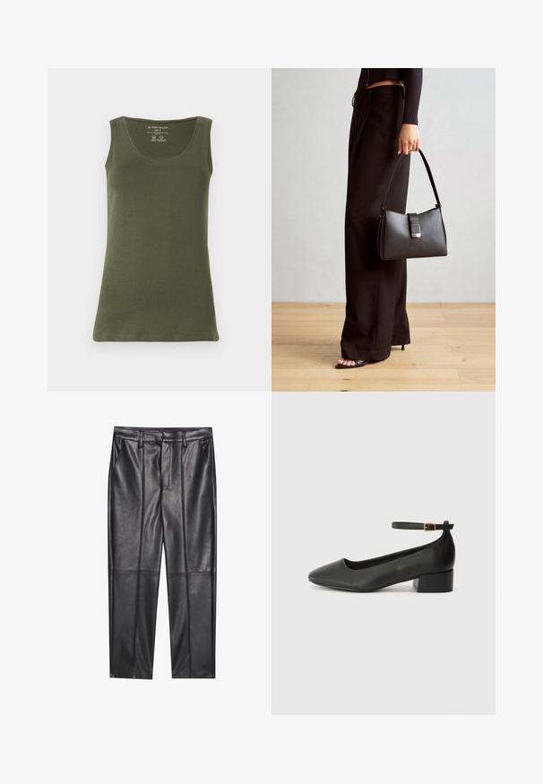 Oliven grøn,ærmeløs tanktop lavet af blødt bomuldsjersey. Har en rund halsudskæring og en lige kant, med et afslappet design.; Sorte læderbukser med en glat overflade, der har lige pasform, to forlommer og synlige sømdetaljer.; Sorte læderpumper med spids tå og en lav blokhæl. Har en ankelrem med en guldfarvet spænde. Glat tekstur.; Sort håndtaske med struktureret form, glat overflade og metalspænde. Sammen med brede sorte bukser og sandaler med åben tå på trægulv.