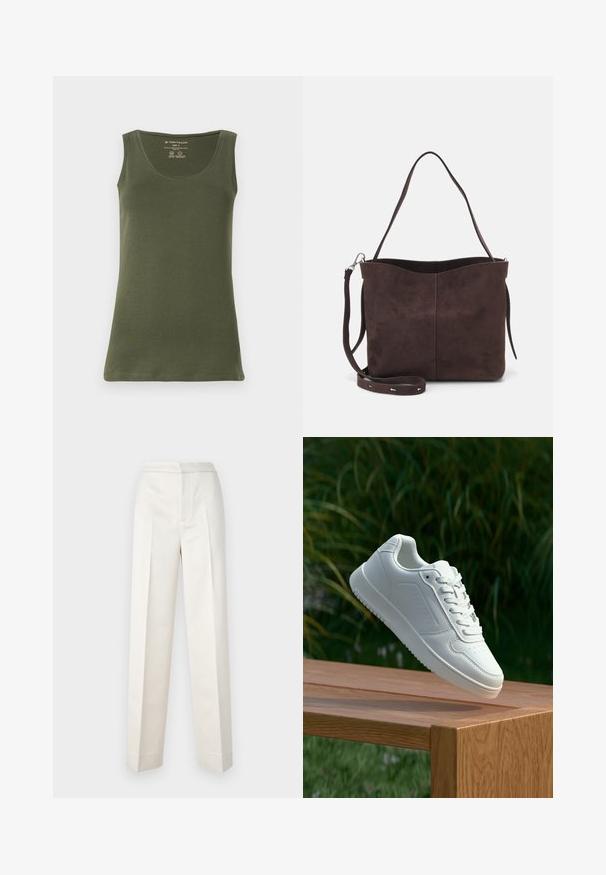 Olivgrünes, ärmelloses Tanktop aus weichem Baumwolljersey. Mit einem runden Halsausschnitt und einem geraden Saum, in einem lässigen Design.; Cremfarbene Hosen mit figurbetonter Passform, gerader Beine, glattem Stoff, vorderen Falten und sauberem Saum. Minimalistisches Design.; Weiße Sneaker mit einem glatten, synthetischen Obermaterial, perforierter Zehenbox, flachen Schnürsenkeln und einer strukturierten Sohle, präsentiert auf einer Holzoberfläche.; Braune Wildleder-Tasche mit weicher Textur, ausgestattet mit einem einzelnen Schulterriemen und einer dezenten, gewölbten Öffnung an der Oberseite. Keine sichtbaren Beschläge.