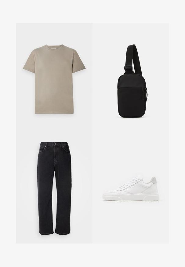 T-shirt à manches courtes en coton beige clair, avec un col rond, un design simple et une texture lisse sans motifs ni accents visibles.; Jean en denim noir avec une coupe droite, cinq poches et des coutures contrastantes. Présente une fermeture à bouton et des passants de ceinture au niveau de la taille.; Des baskets en cuir blanc avec une finition lisse, un bout rond, des lacets plats et une semelle texturée. Accents en daim gris au niveau du talon.; Sac bandoulière noir en tissu durable, avec une seule sangle ajustable, un compartiment principal zippé et une poche avant.