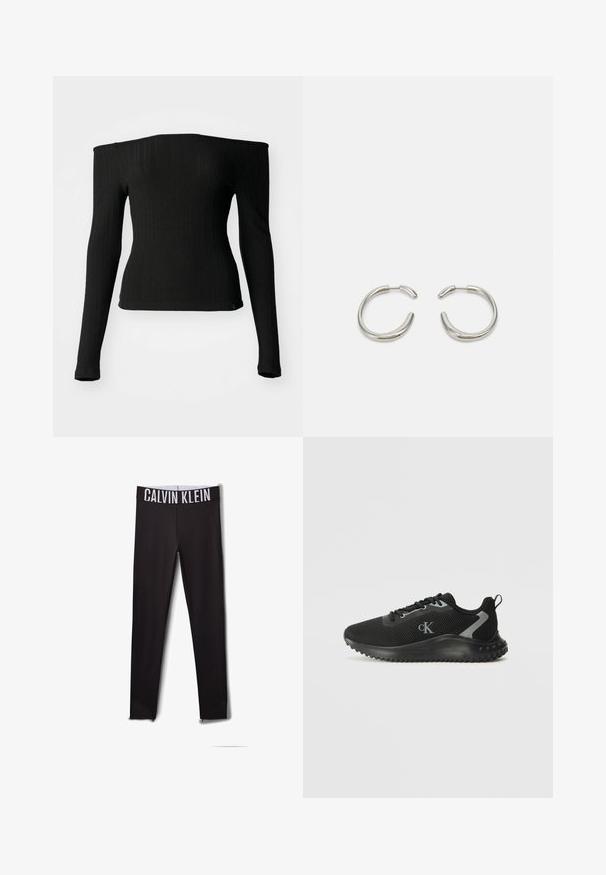 Crni donji rukav majica od rebraste tkanine s izrezom na ramenima, pripijenog kroja i ravnim rubom. Diskretna oznaka brenda pri dnu.; Crne tajice s bijelim logotipom "CALVIN KLEIN" na pojasu. Glatki materijal, uski dizajn, s mrežastim detaljima na gležnjevima.; Crne niske atletske tenisice s prozračnom mrežicom, dizajnom na vezivanje, teksturiranim potplatom i logotipom "cK" sa strane.; Srebrne okrugle naušnice s glatkim, zaobljenim dizajnom i sjajnom, poliranom završnom obradom. Imaju minimalistički oblik s blagim otvorom.