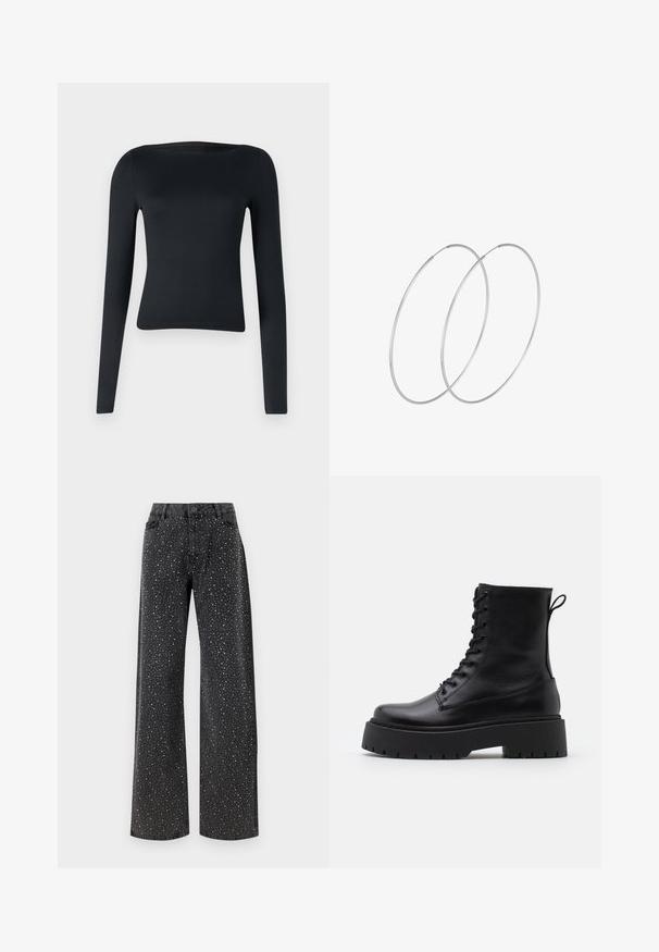 Melnas, garām piedurknēm tops izgatavots no elastīga auduma; tam ir plats, laivu formas kakla izgriezums un pieguļošs dizains, kas sašaurinās pie jostas.; Noisy May NMJANNEL LOOSE - Brīva piegriezuma džinsi - black denim; Melni ādas potītēm zābaki ar apļveida purngalu, auklām priekšpusē un biezu gumijas zoli ar teksturētu protektoru. Velkšanas cilpa aizmugurē.; Sudraba gredzenveida auskari ar minimālistisku dizainu. Cirkulāra forma, gluda tekstūra un plāns profils. Vieglu svaru ar spīdīgu apdari.