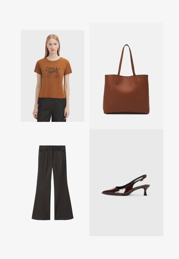 Brown short-sleeve t-shirt with a round neck and a graphic print of a leopard design alongside the word "nice" in black. Soft cotton material.; Black flared trousers with a high waist; features two front pockets and a smooth fabric texture. Suitable for various occasions.; Brown patent leather slingback shoe with a pointed toe and a moderate heel. Features a buckle strap for secure fit. Smooth texture.; Brown leather tote bag with a smooth texture, open top design, and two shoulder straps. Features minimal stitching and no visible hardware.