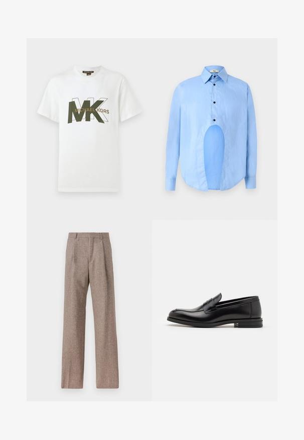 White short-sleeve T-shirt with overlapping green and outlined MK letters and "MICHAEL KORS" text across the chest.; Light blue long-sleeve shirt with a pointed collar, black buttons, and a unique cutout in the front for distinctive design.; Brown, high-waisted trousers made of textured fabric. Features wide legs and two front pleats for structure. Neat finish with no visible hardware.; Black leather loafers with a smooth texture, rounded toe, and a decorative strap across the vamp. Low stacked heel, minimalist design.