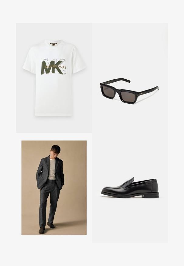 Witte T-shirt met korte mouwen met overlappende groene en omrande MK letters en de tekst "MICHAEL KORS" op de borst.; Grijs op maat gemaakte pak met notch revers en voorzakken, gecombineerd met een gestreept shirt. De broek heeft een ontspannen pasvorm en een vouwdetail. Bruine schoenen.; Zwarte leren instappers met een gladde textuur, ronde neus en een decoratieve band over de wreef. Lage, gestapelde hak en minimalistisch ontwerp.; Zwarte rechthoekige zonnebril met donkere lenzen, een dik plastic montuur, gouden accenten op de veren en het merkembleem gegraveerd op de arm.