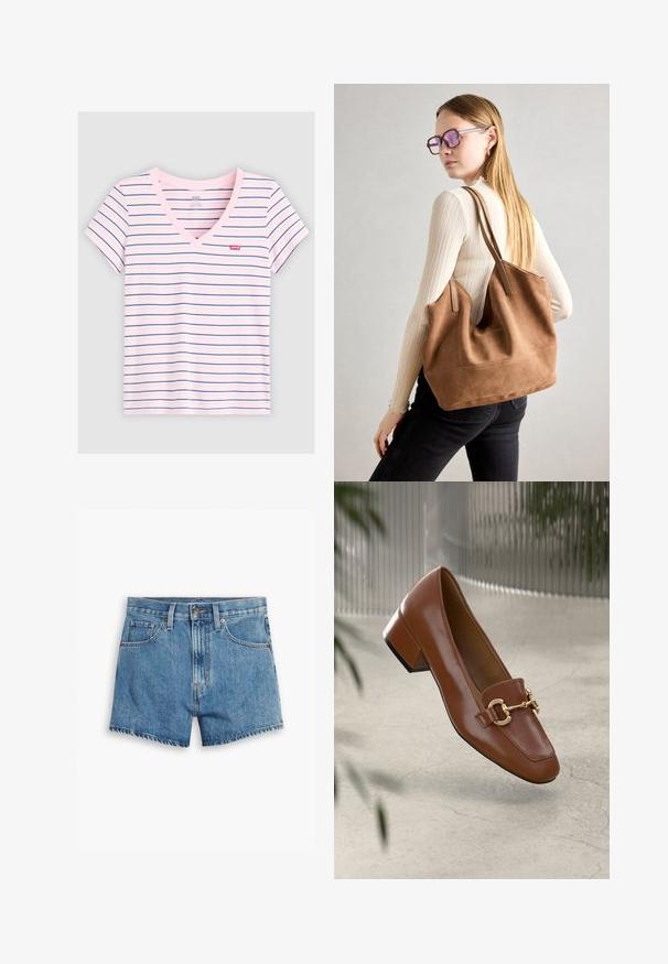 Stripet V-hals t-skjorte i rosa med blå horisontale striper. Laget av myk stoff, med korte ermer og en liten Levi's-logo på brystet.; Lys blå denimshorts med fem lommer, glidelås og knappefeste. Bunnkanten er slitt med et avslappet passformdesign.; Brun lakkert skinn loafer med firkantet tå, metallkjedeakkent, og lav blokkheel; glatt tekstur, minimalistisk design.; Brun semsketotebag med myk tekstur, stor åpning og lange stropper. Har et enkelt design med synlig søm og uten maskinvare.