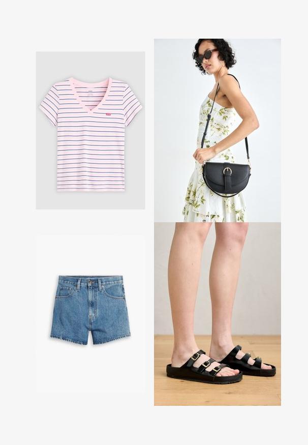 Rozā svītrainā V veida kakla T-kreklā ar zilām horizontālām svītrām. Izgatavots no mīksta auduma, ar īsām piedurknēm un nelielu Levi's logo uz krūšu daļas.; Gaiši zili džinsu šorti, kas aprīkoti ar piecām kabatām, rāvējslēdzēja aizdari un pogu aizdari. Apakšmala ir saplēsta, un izskats ir brīvs.; Melni sandeļi no gludas materiāla, ar trim regulējamiem siksniņām un zeltītām sprādzēm, kā arī platu zoli ar teksturētu saķeri.; Melnas ādas rokassoma ar izliekta formu, noņemamu siksnu un zelta aksesuāriem. Somai ir vāciņš ar sprādzes detaļu.