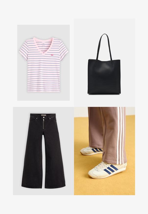 Striped V-neck t-shirt in pink with blue horizontal stripes. Made from soft fabric, featuring short sleeves and a small Levi's logo on the chest.; Wide-leg jeans in black denim with a zippered front, five-pocket design, and subtle stitching details. Smooth texture and casual style.; Cream sneakers with blue suede stripes, white laces, and a rubber sole. Paired with gray sweatpants featuring white side stripes.; Black leather tote bag with smooth texture, rectangular shape, and two long handles. No visible hardware or embellishments.