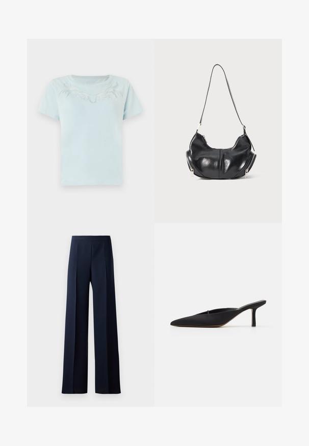 Light blue cotton t-shirt with short sleeves and round neckline, featuring intricate white embroidered design across the chest.; Wide-leg trousers in dark navy fabric, featuring a smooth texture, subtle front pleats, and a fitted waistband for a streamlined silhouette.; Black pointed-toe mule with a sleek design, made of smooth fabric, featuring a slender heel and open back for easy wear.; Black leather crescent-shaped shoulder bag with silver zippers on both sides and a single strap.