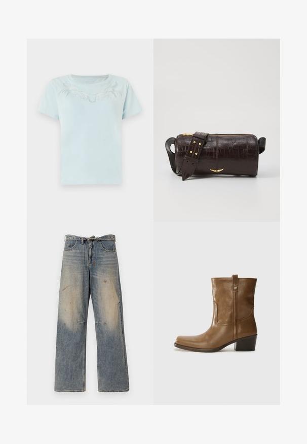 Vaaleansininen puuvillapaita, jossa on lyhyet hihat ja pyöreä kaula-aukko, ja jonka rinnassa on monimutkainen valkoinen brodeeraus.; Vaaleansinisiä farkkuhousuja, joissa on löysä, suora lahje. Ominaisuuksiin kuuluvat kulutustiedot, haalistuminen ja kuluneet yksityiskohdat polvien lähellä. Klassinen viiden taskun tyyli.; Ruske nahkasaappaat nilkkamittaisella leikkauksella, neliönmuotoisella kärjellä, teksturoidulla pinnalla ja alhaisella pinottavalla korolla. Varustettu takana olevan vetotarran ja huomaamattomilla ompeleilla.; Ruskea krokotiilinkuosilla varustettu nahkalaukku, jossa on sylinterimäinen muoto, kultasävyiset yksityiskohdat ja irrotettava hihna, jossa on niittejä.